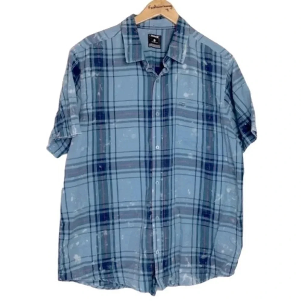 Hurley XL blue plaid distressed acid‎ washed short sleeve button down shirt